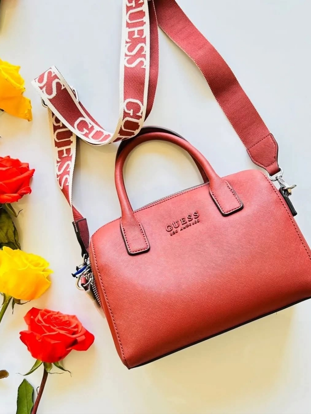 GUESS Red Saffiano Dome Satchel Crossbody Bag Logo Strap